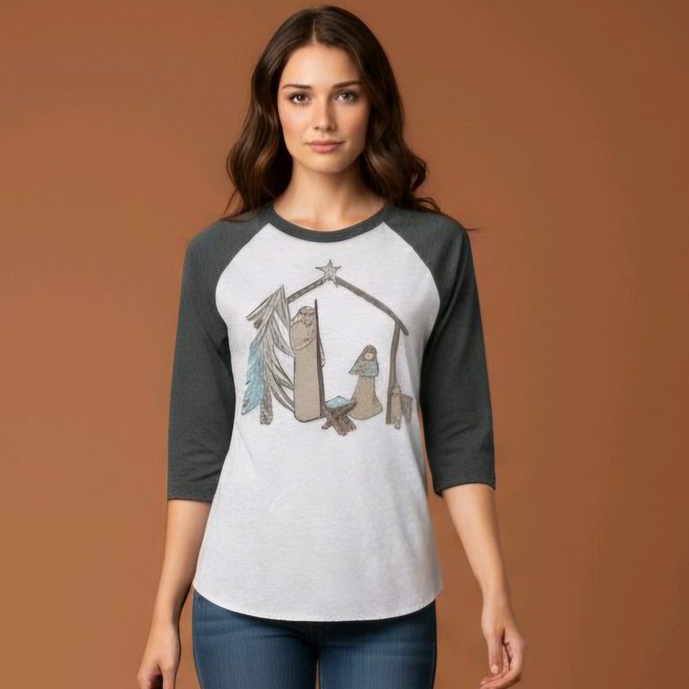 A King Is Born Nativity Raglan Tee Women's Small Holy Family Manger Graphic